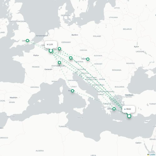 Mapa de vuelo directo Luxemburgo - Rodas