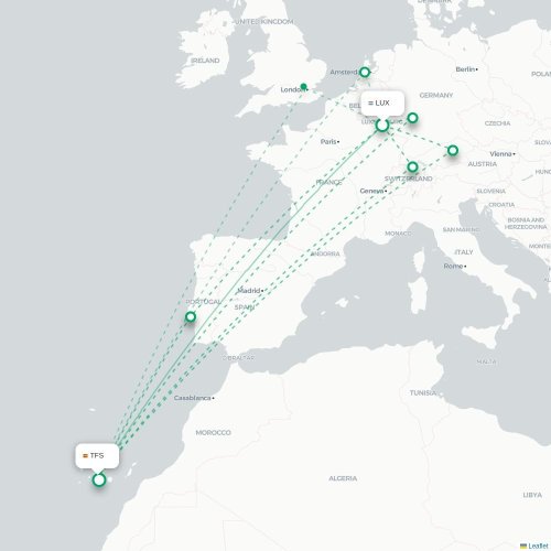 Mapa de vuelo directo Luxemburgo - Granadilla de Abona