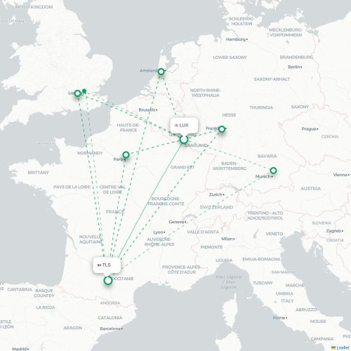 Mapa de vuelo directo Luxemburgo - Toulouse