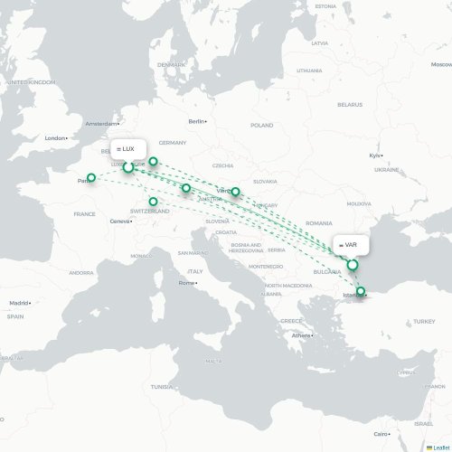 Luxemburg – Varna suoran lennon kartta