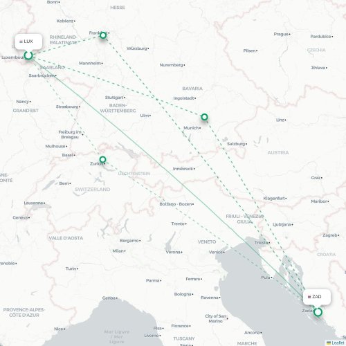 Luxemburg - Zadar kaart van rechtstreekse vlucht