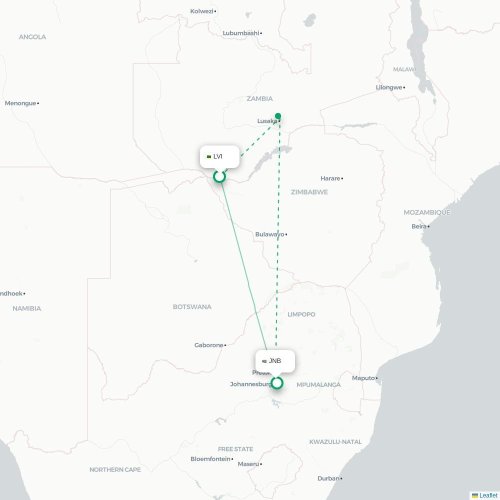 Mapa lotu bezpośredniego Livingstone – Johannesburg