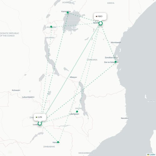 Livingstone - Nairobi kaart van rechtstreekse vlucht
