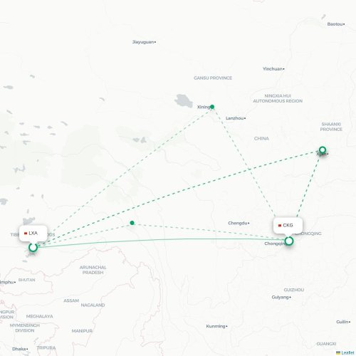 Mapa lotu bezpośredniego Lhasa – Chongqing