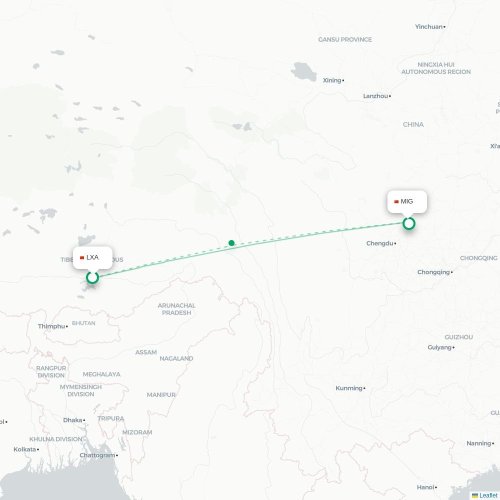 Mapa lotu bezpośredniego Lhasa – Mianyang
