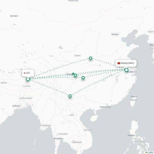 Mapa lotu bezpośredniego Lhasa – Nankin