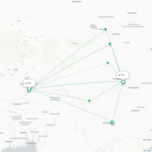 Mapa lotu bezpośredniego Lhasa – Chengdu