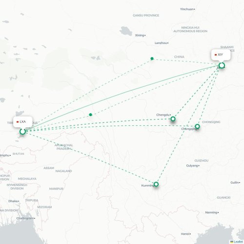 Mapa lotu bezpośredniego Lhasa – Xi'an