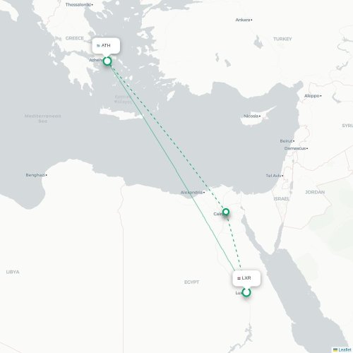 Mapa de vuelo directo Lúxor - Atenas