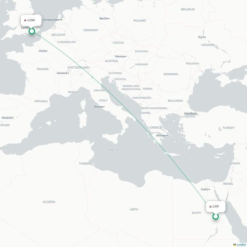 Mapa de vuelo directo Lúxor - Londres