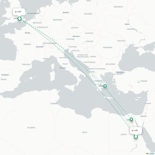 Mapa de vuelo directo Lúxor - Londres