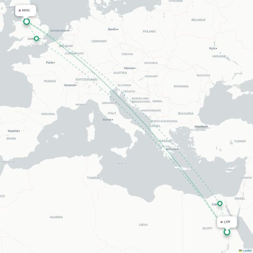 Mapa de vuelo directo Lúxor - Mánchester