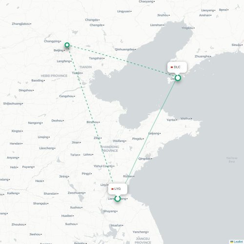 Mapa lotu bezpośredniego Lianyungang – Dalian