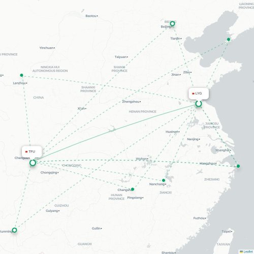 Mapa lotu bezpośredniego Lianyungang – Chengdu