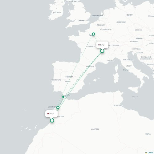 Lyon - Agadir kaart van rechtstreekse vlucht