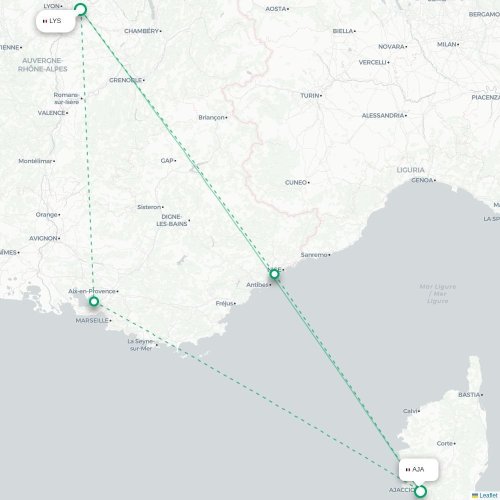 Mapa lotu bezpośredniego Lyon – Ajaccio