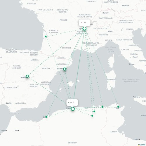 Mapa de vuelo directo Lyon - Argel
