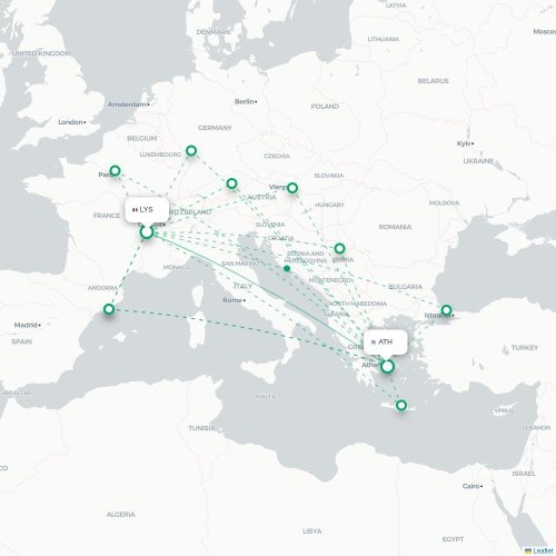 Mapa de vuelo directo Lyon - Atenas