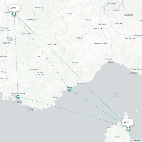 Mapa de vuelo directo Lyon - Bastia