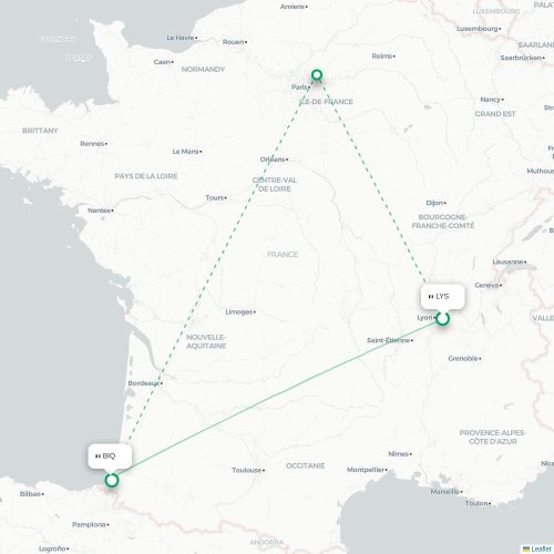 Mapa lotu bezpośredniego Lyon – Biarritz