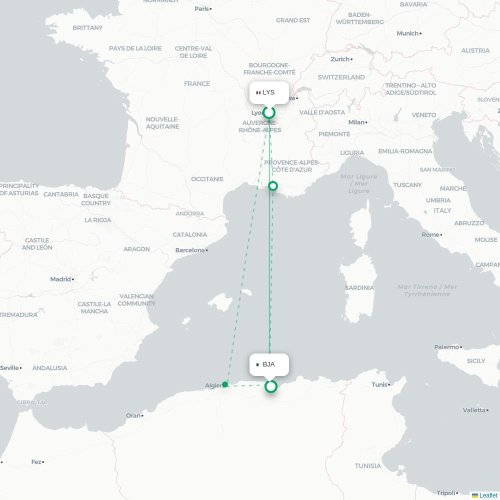 Mapa de vuelo directo Lyon - Bugía