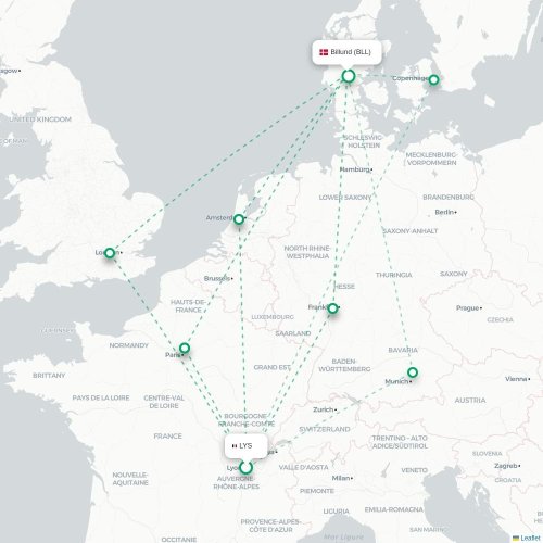 Mapa de vuelo directo Lyon - Billund