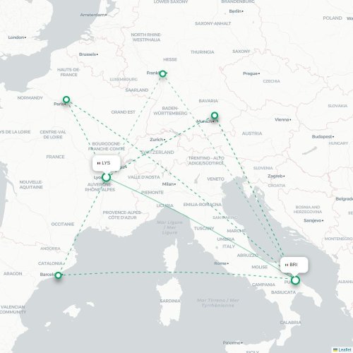 Mapa de vuelo directo Lyon - Bari