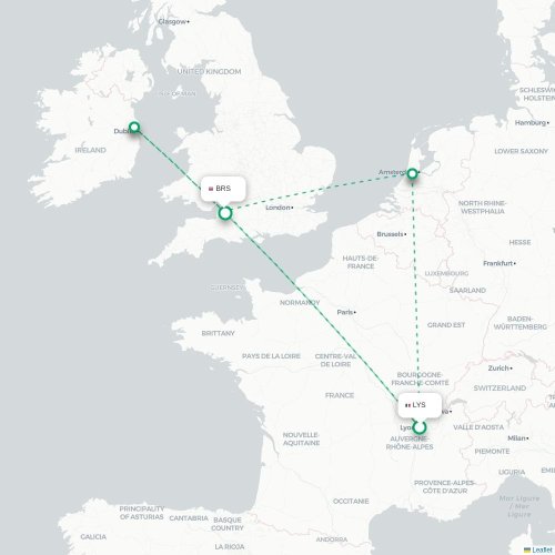 Mapa de vuelo directo Lyon - Brístol