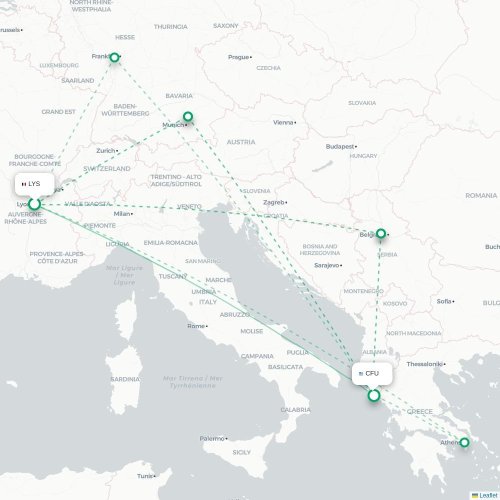 Mapa de vuelo directo Lyon - Corfú, Corfú