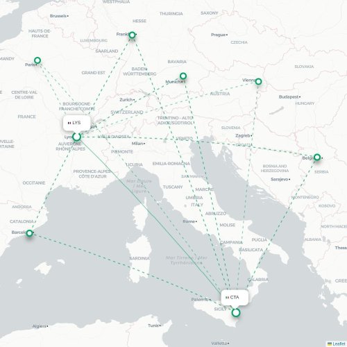 Mapa de vuelo directo Lyon - Catania