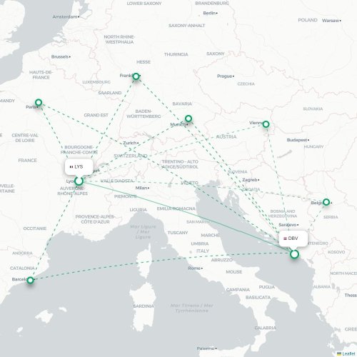 Lyon - Dubrovnik kaart van rechtstreekse vlucht