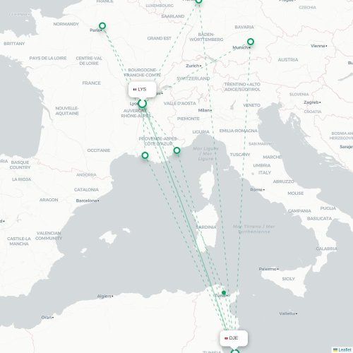 Mapa lotu bezpośredniego Lyon – Houmt Souk