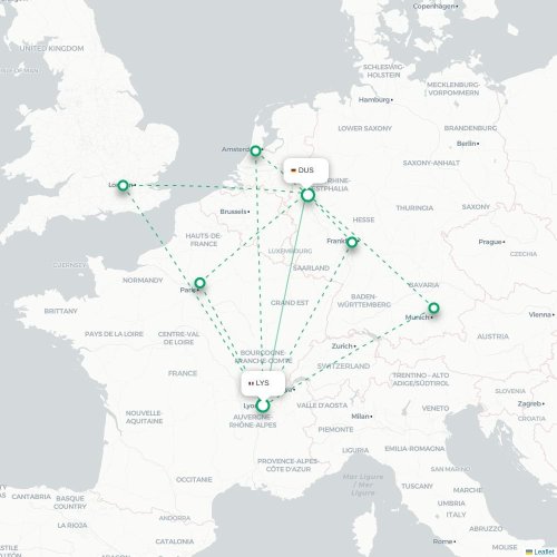 Mapa lotu bezpośredniego Lyon – Düsseldorf