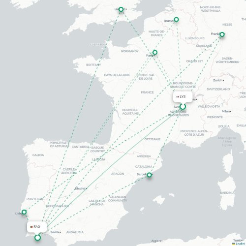 Mapa de vuelo directo Lyon - Faro