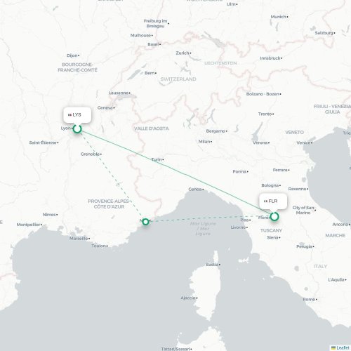 Mapa de vuelo directo Lyon - Florencia