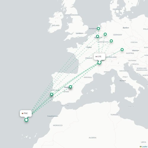 Mapa de vuelo directo Lyon - Funchal