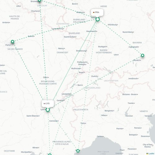 Mapa lotu bezpośredniego Lyon – Frankfurt nad Menem