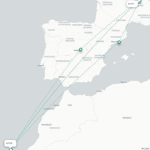 Mapa de vuelo directo Lyon - Puerto del Rosario