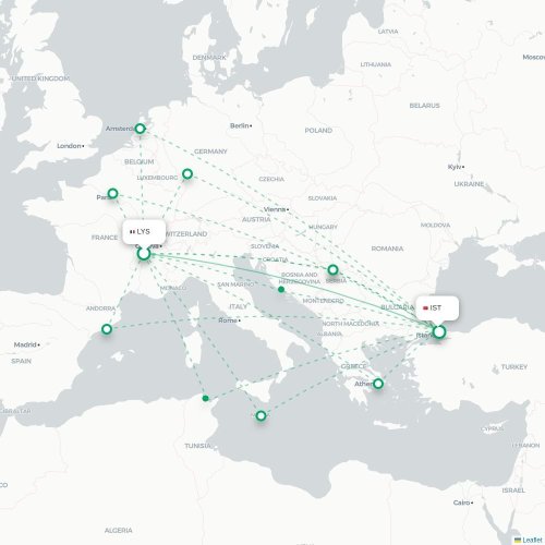 Mapa de vuelo directo Lyon - Estambul
