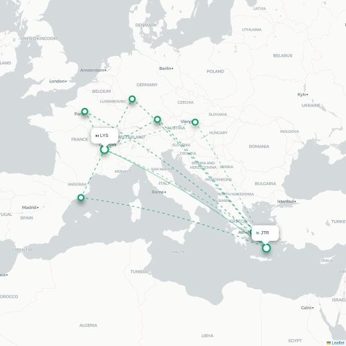Mapa de vuelo directo Lyon - Fira