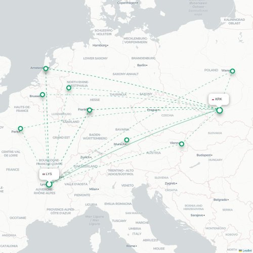 Lyon - Cracovie carte du vol direct