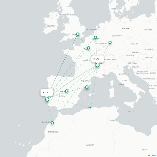 Mapa de vuelo directo Lyon - Lisboa