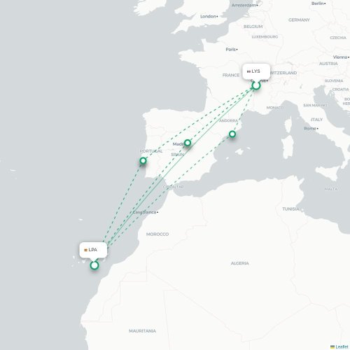 Mapa de vuelo directo Lyon - Las Palmas de Gran Canaria