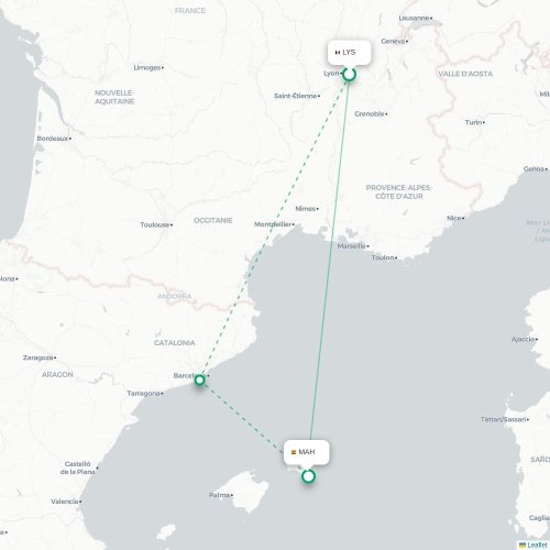 Mapa de vuelo directo Lyon - Mahón