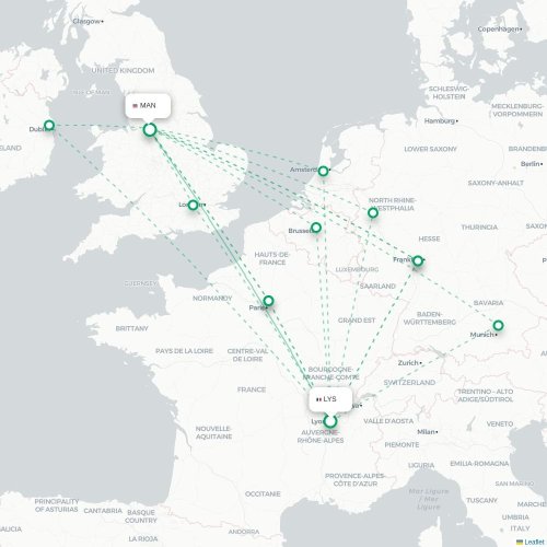 Mapa de vuelo directo Lyon - Mánchester