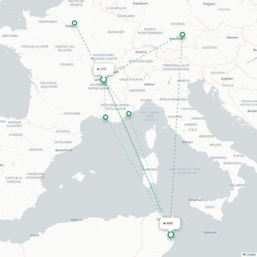Mapa lotu bezpośredniego Lyon – Monastyr