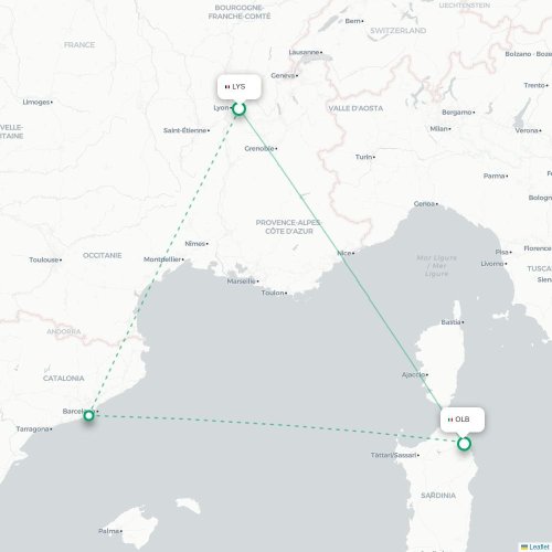 Mapa lotu bezpośredniego Lyon – Olbia