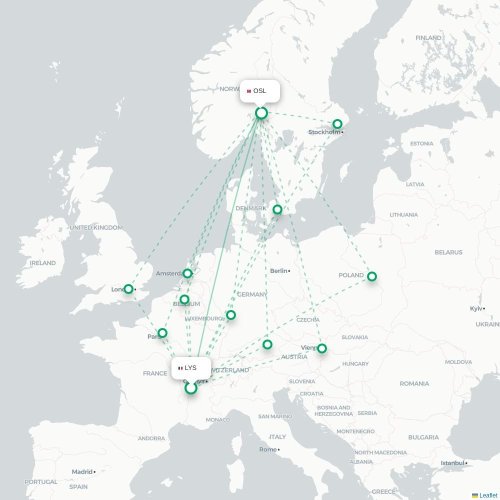 Mapa de vuelo directo Lyon - Oslo