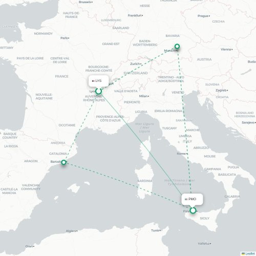 Mapa de vuelo directo Lyon - Palermo