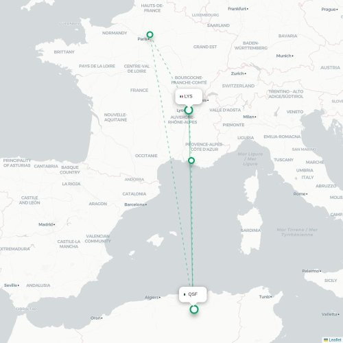 Mapa de vuelo directo Lyon - Sétif